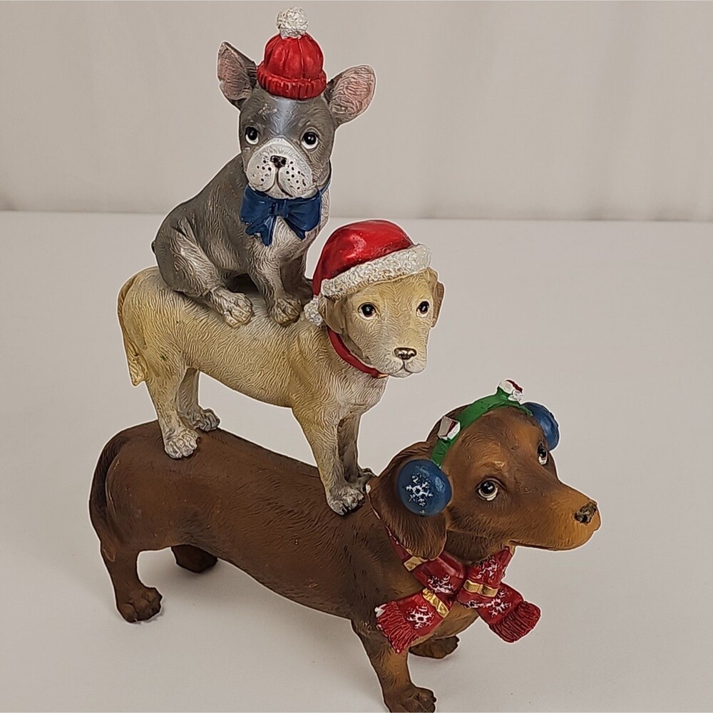 Christmas Dog Figurine Stacked Dachshund Retriever Boston Terrier Resin Decor